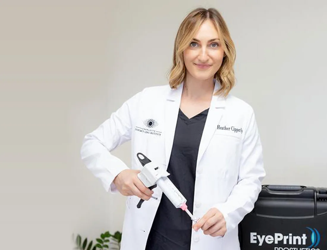 Finished EyePrintPRO customized prosthetic scleral lens in sterile case